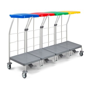 CHARIOT RAMASSAGE LINGE - 4 x 70L. - Couvercles et pédales -