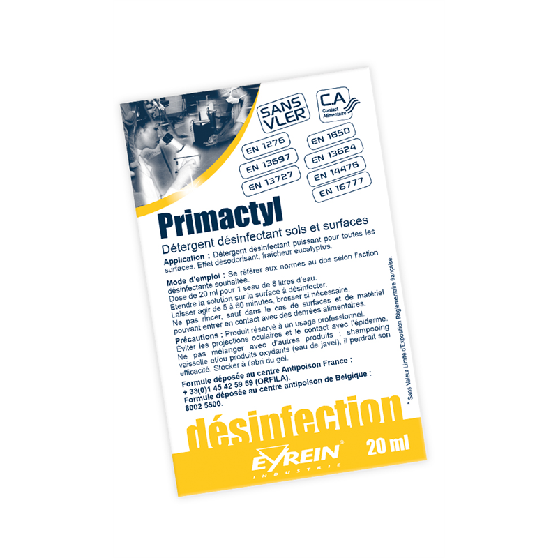 PRIMACTYL - DOSES 20 ml x 100 - Puissant détergent désinfectant sols et surface