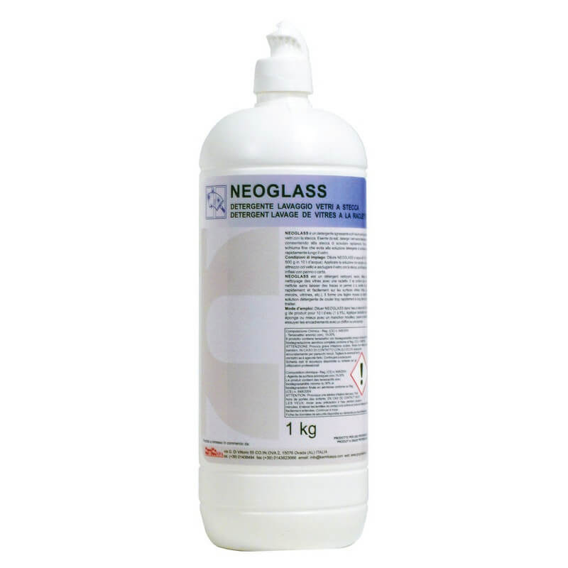 NEOGLASS - Bidon 1 Kg - Détergent nettoyant neutre lavage vitres avec raclettes